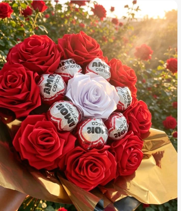 Buquê com rosas vermelhas e uma branca decorada com bombons.