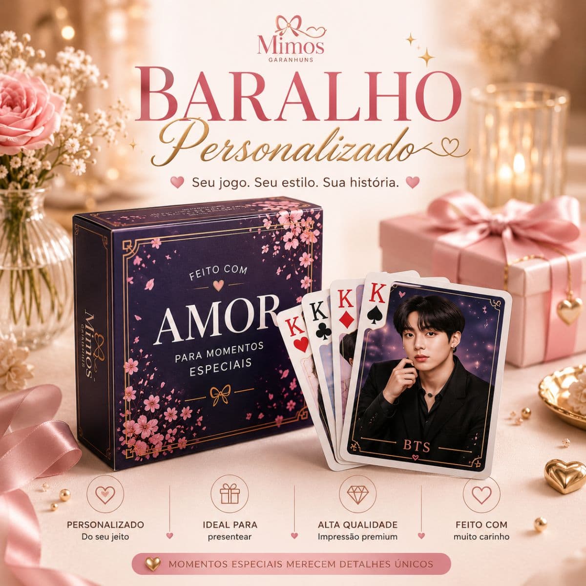 baralho personalizado, baralho BTS, baralho dorama, baralho temático, baralho personalizado premium, lembrancinha personalizada, presente criativo, presente BTS, papelaria personalizada, Mimos Garanhuns, presente exclusivo, baralho para presente, produtos personalizados, brindes personalizados