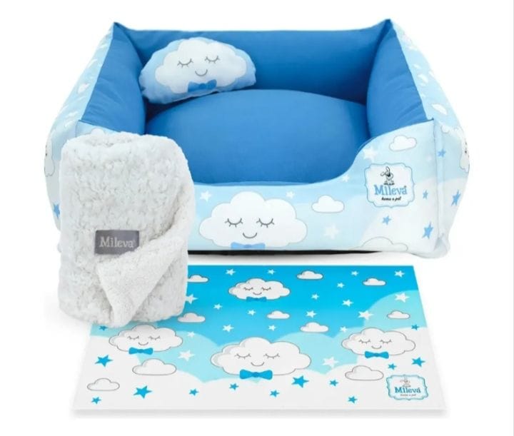 Cama Pet Oxford + Coberdrom + Tapete Estampado 04 Peças - Nuvem Azul - Vip 1 - Foto 1