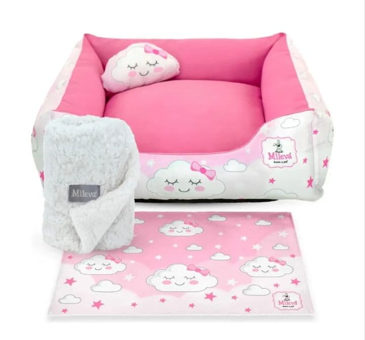 Cama Pet Oxford + Coberdrom + Tapete Estampado 04 Peças - Nuvem Rosa