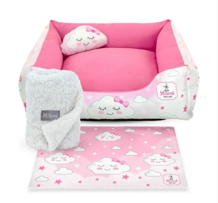 Cama Pet Oxford + Coberdrom + Tapete Estampado 04 Peças - Nuvem Rosa - Foto 1