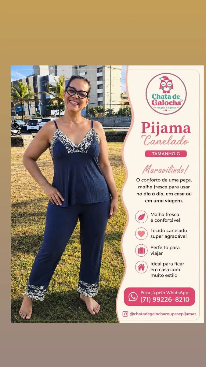 Pijama Canelado com Renda - Foto 1