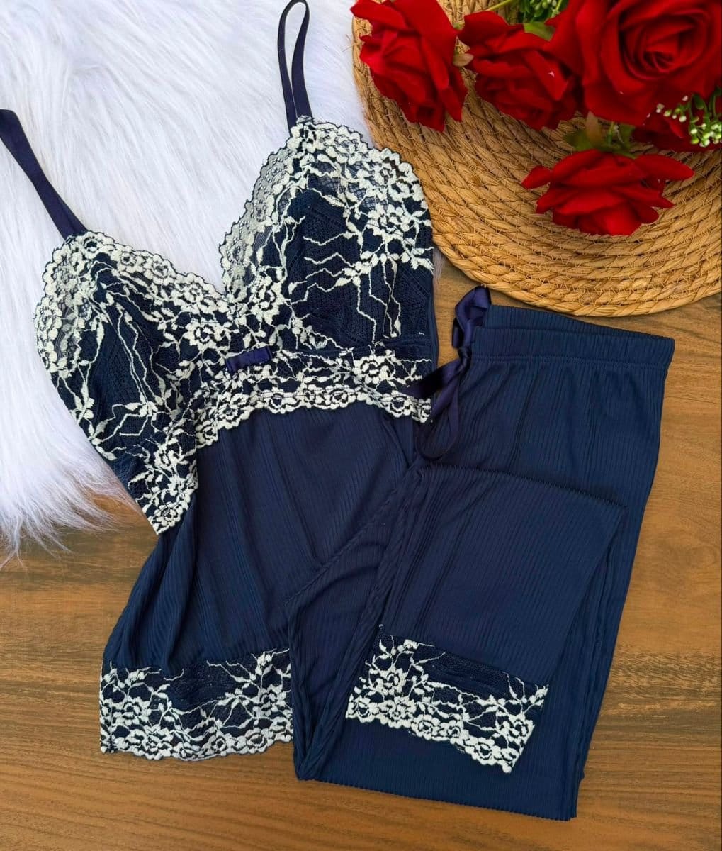 Pijama Canelado com Renda - Foto 2