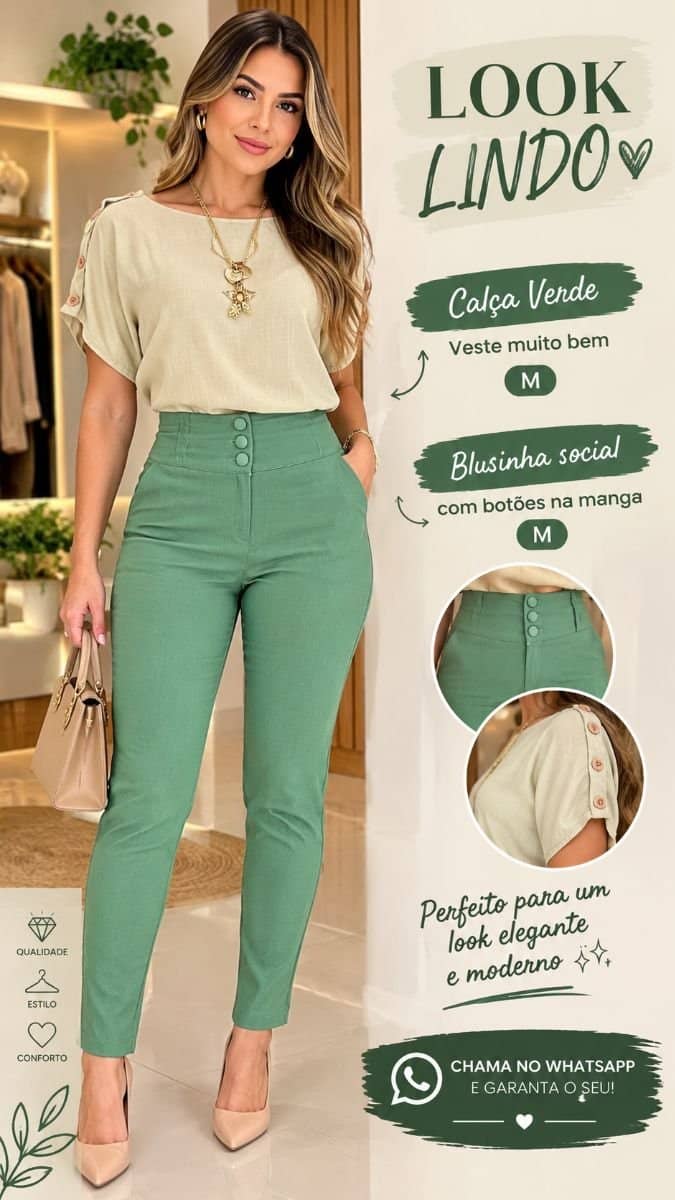 Blusa verde com detalhes de botões na manga M calça já foi vendida
