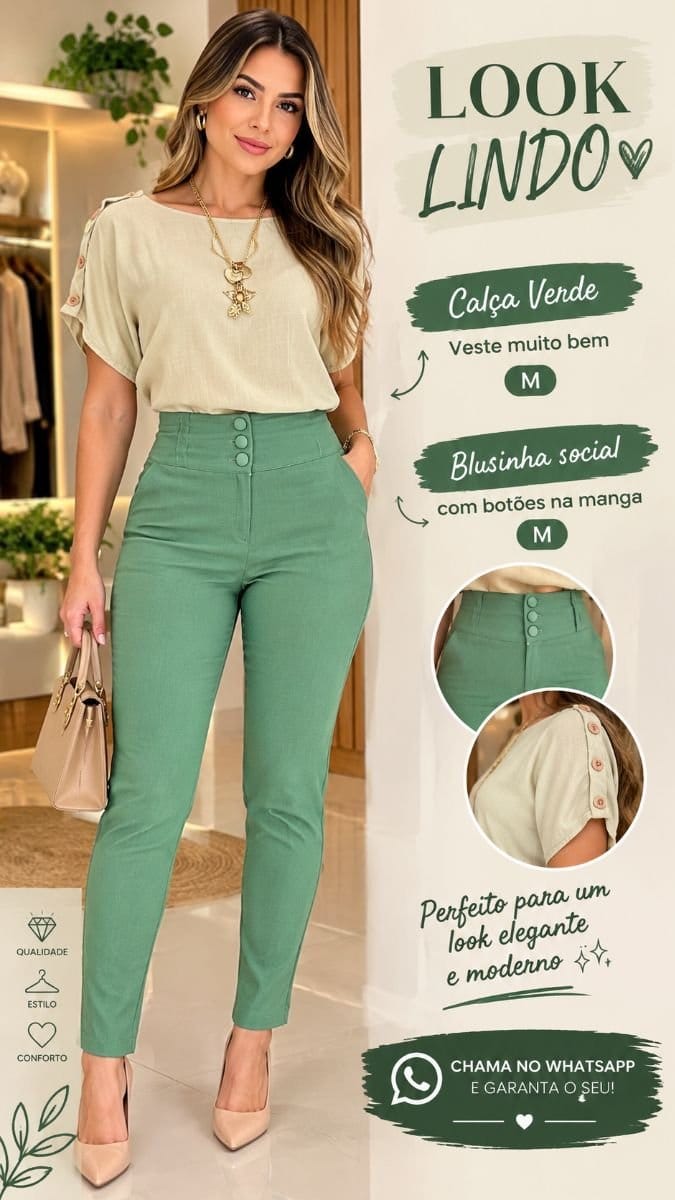 Blusa verde com detalhes de botões na manga M calça já foi vendida - Foto 1