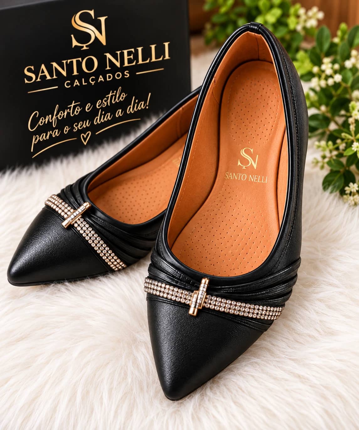 Sapatilha Feminina em Couro Preto com Strass - Santo Nelli