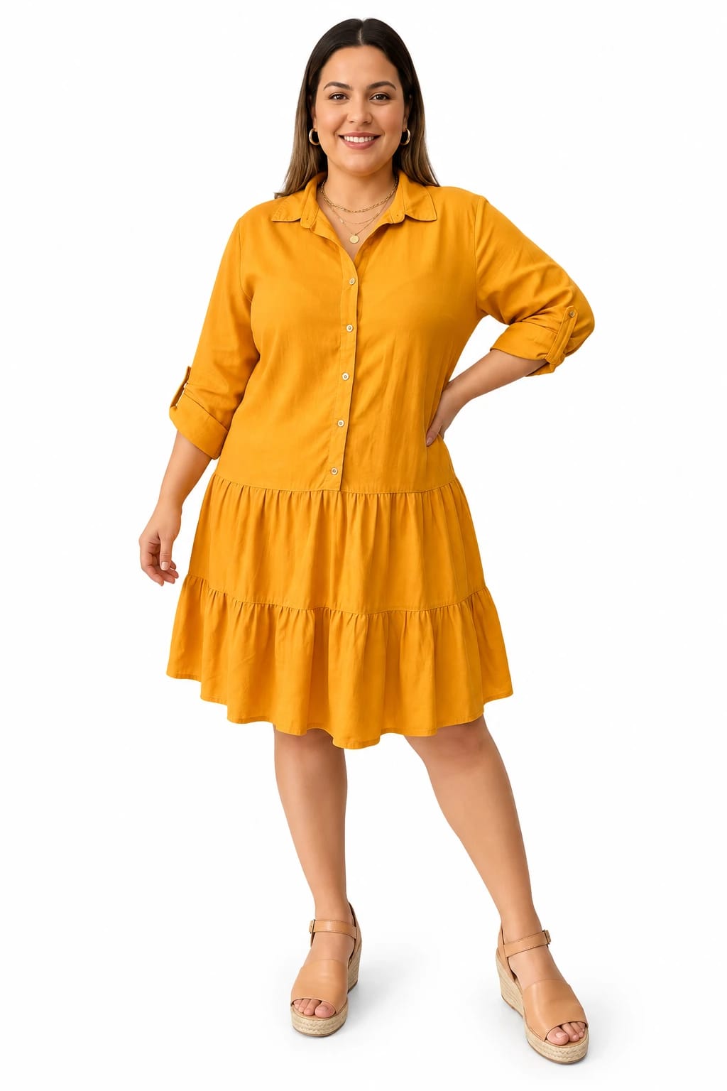 Vestido Chemise em Linho Mostarda com Babados (Tam. G) - Foto 1