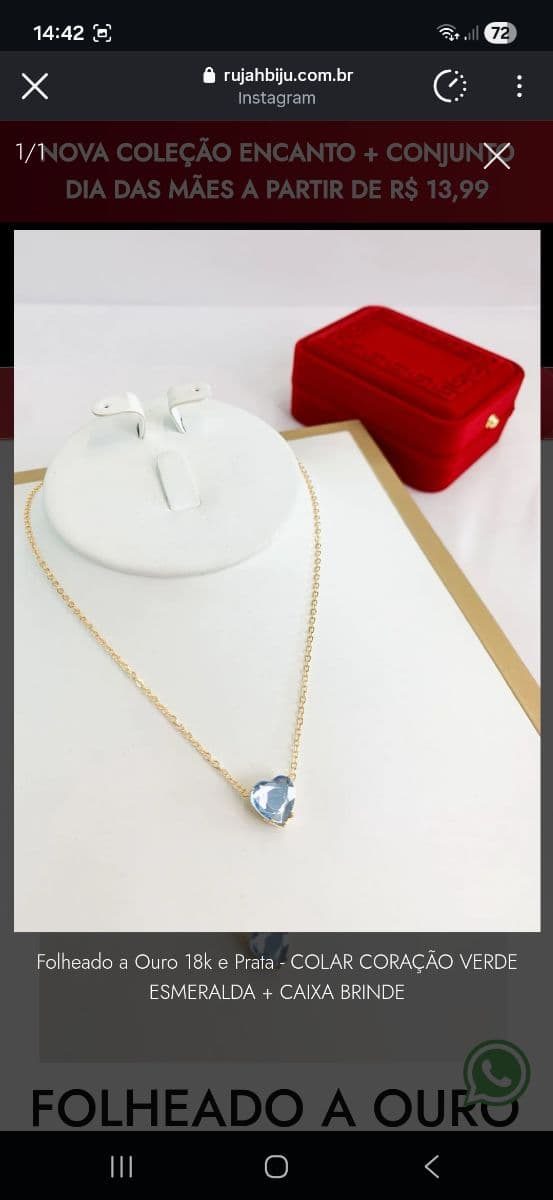 Folheado a Ouro 18k e Prata - COLAR CORAÇÃO VERDE ESMERALDA + CAIXA BRINDE