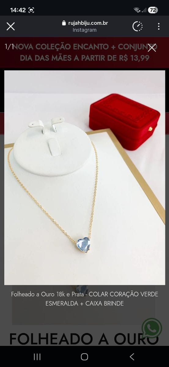 Folheado a Ouro 18k e Prata - COLAR CORAÇÃO VERDE ESMERALDA + CAIXA BRINDE - Foto 1