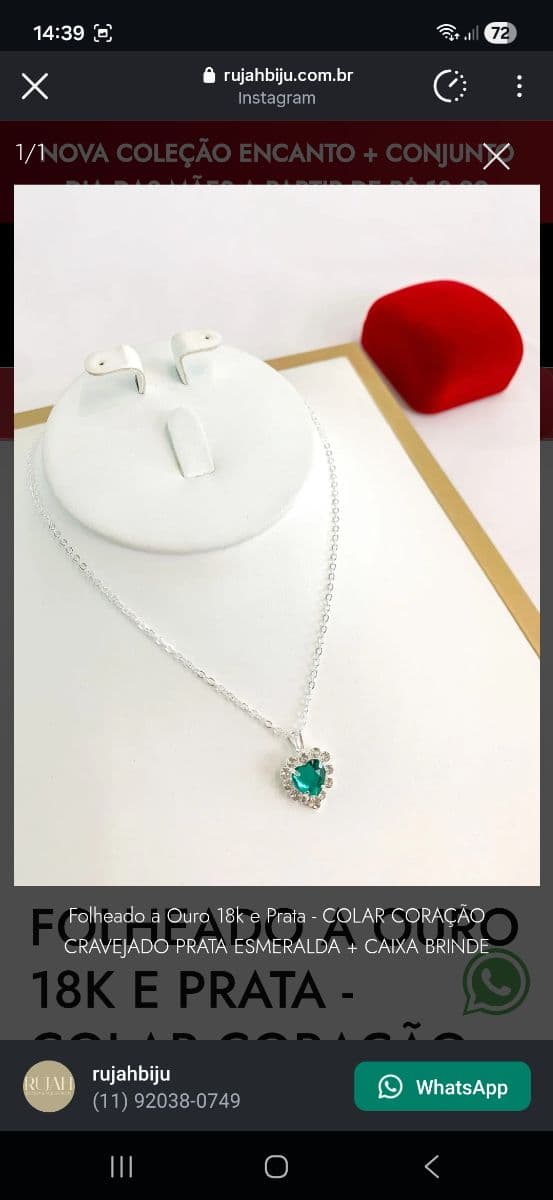 Folheado a Ouro 18k e Prata - COLAR CORAÇÃO CRAVEJADO PRATA ESMERALDA + CAIXA BRINDE