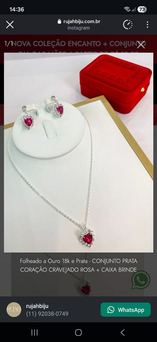 Folheado a Ouro 18k e Prata - CONJUNTO PRATA CORAÇÃO CRAVEJADO ROSA + CAIXA BRINDE - Foto 1