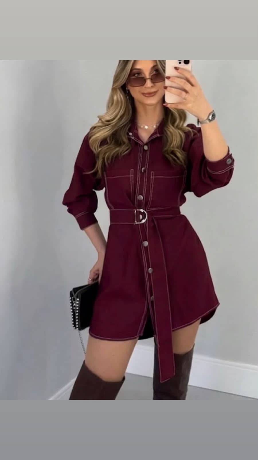 Vestido Chemise Manga Longa com Cinto Bordô