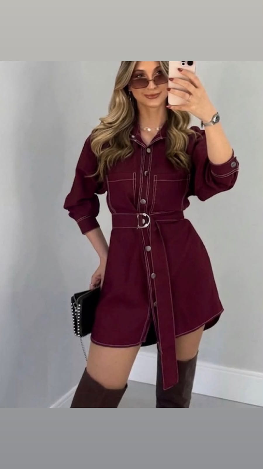 Vestido Chemise Manga Longa com Cinto Bordô - Foto 1