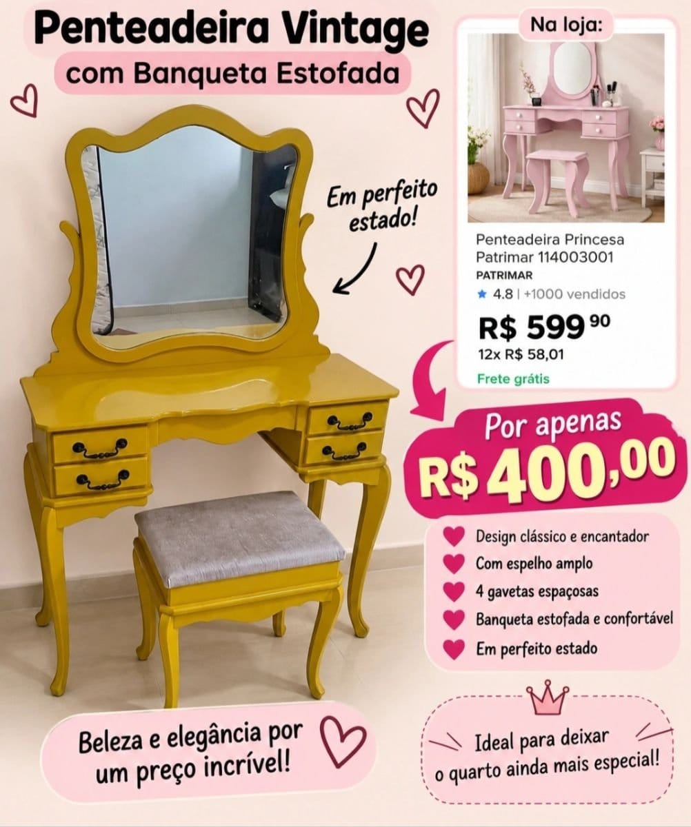 Penteadeira Vintage c/ Banquete Estofada - Foto 1