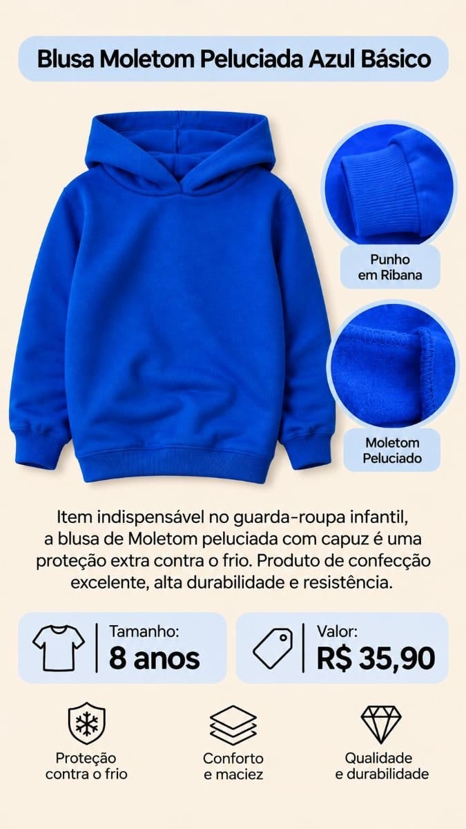 Blusa Moletom Peluciada- Azul Básico - Foto 1