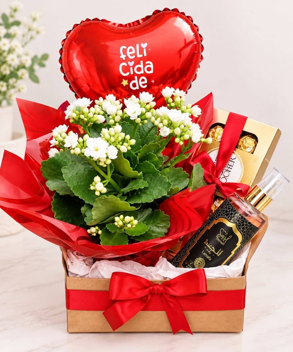 🎁 Cesta Presente Romântico com Flores, Body Splash Árabe e Ferrero Rocher