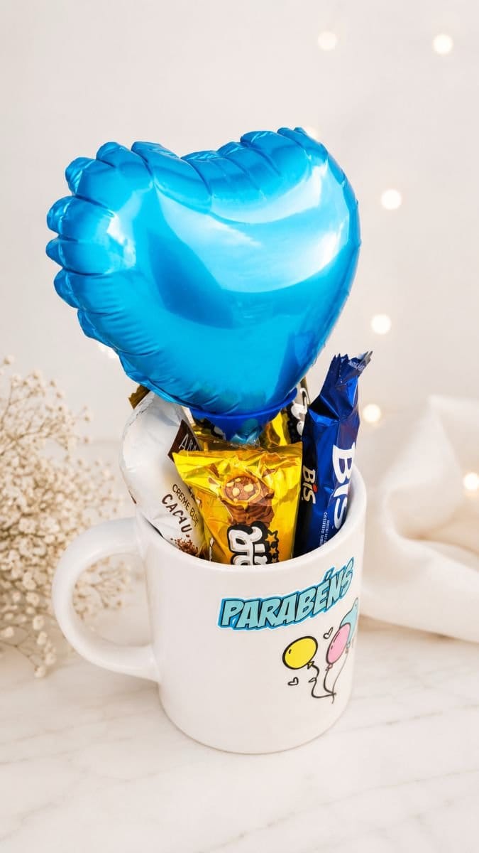 🎁 Caneca de Aniversário com Chocolates e Balão - Foto 2