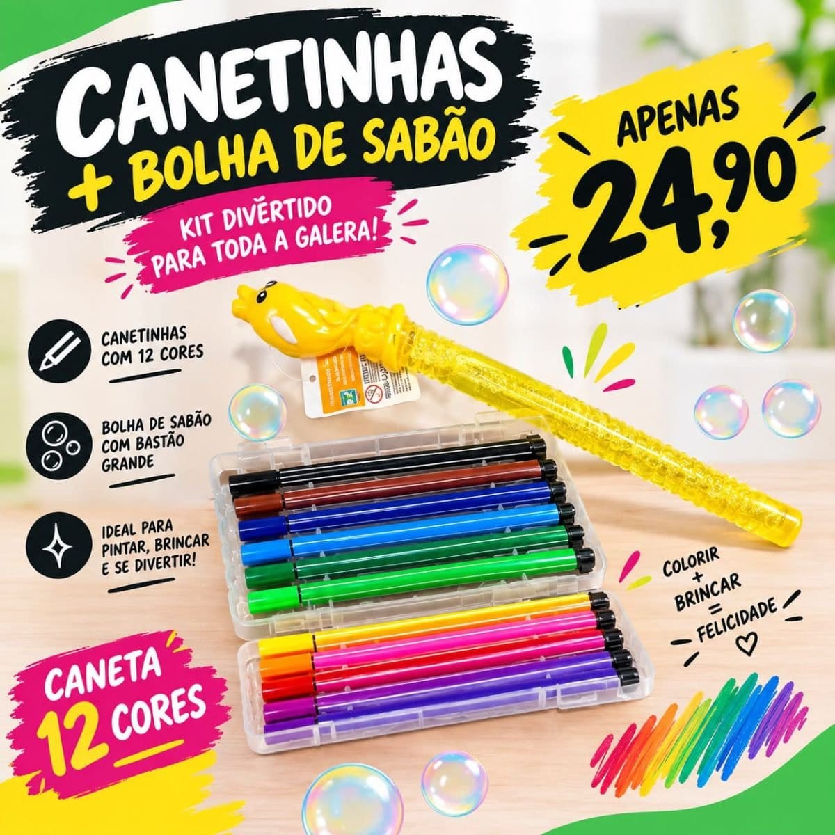 Kit canetinha 12'cores + bolha de sabão - Foto 1