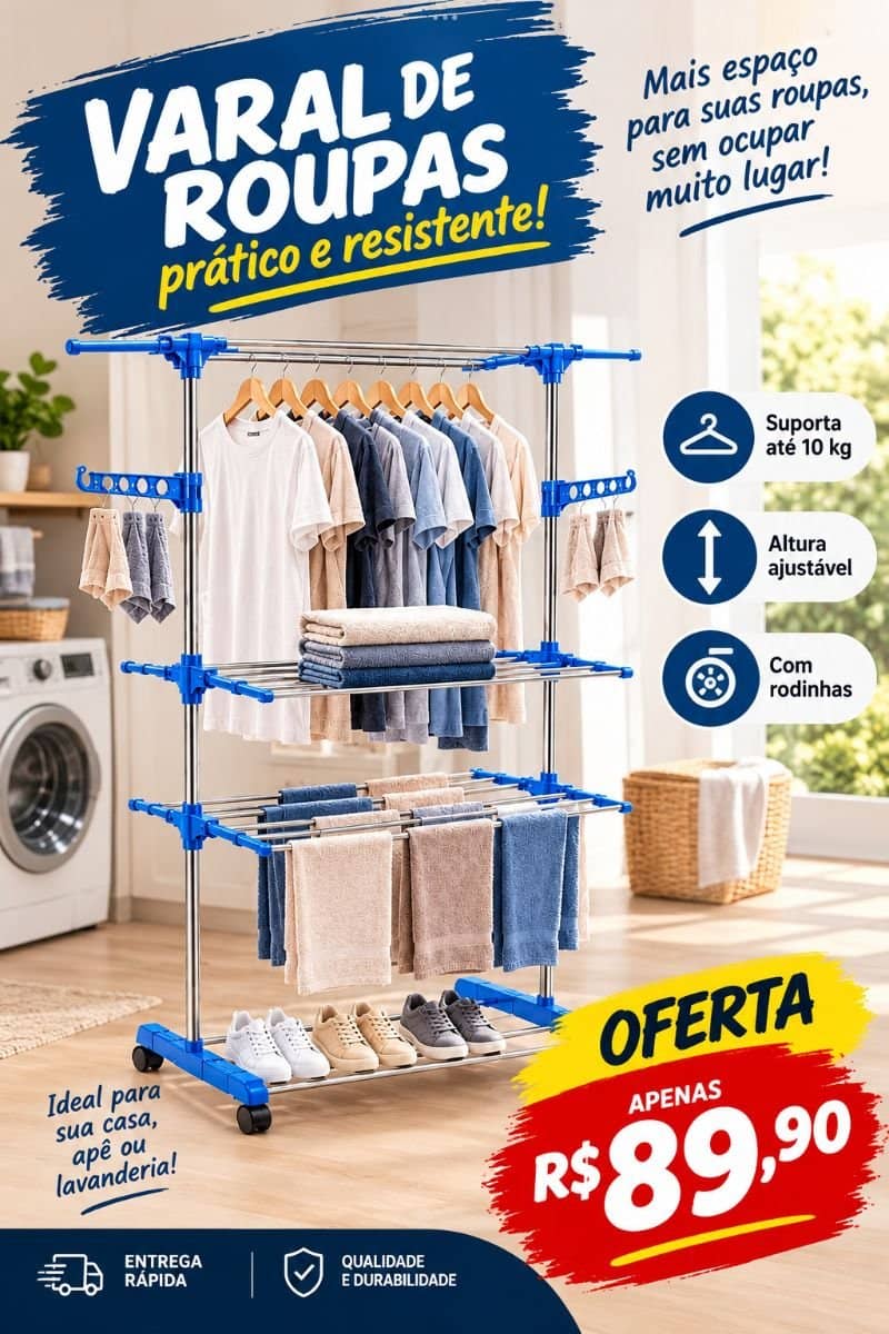 VARAL DE CHÃO 3 ANDARES — TODO PRETO