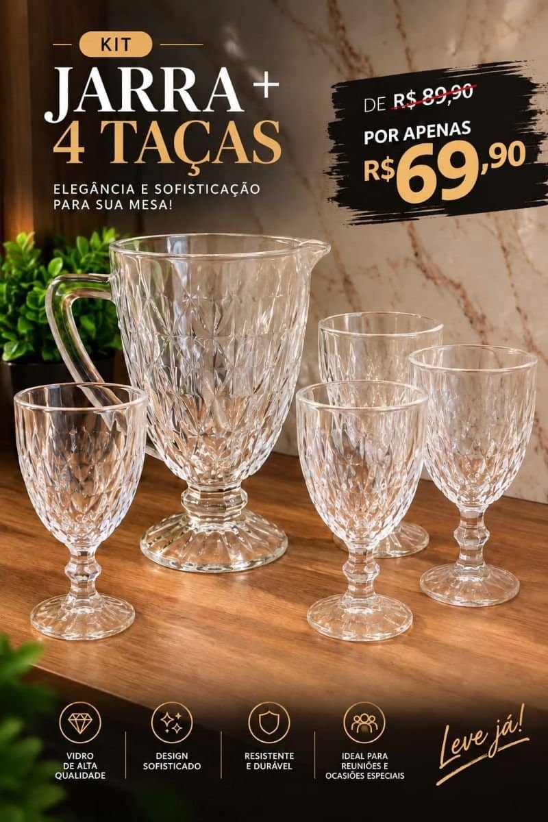 Conjunto jarra (1,2L) com 4 taças (330ml) vidro