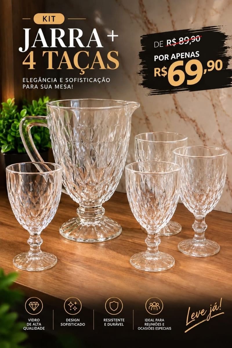 Conjunto jarra (1,2L) com 4 taças (330ml) vidro - Foto 3