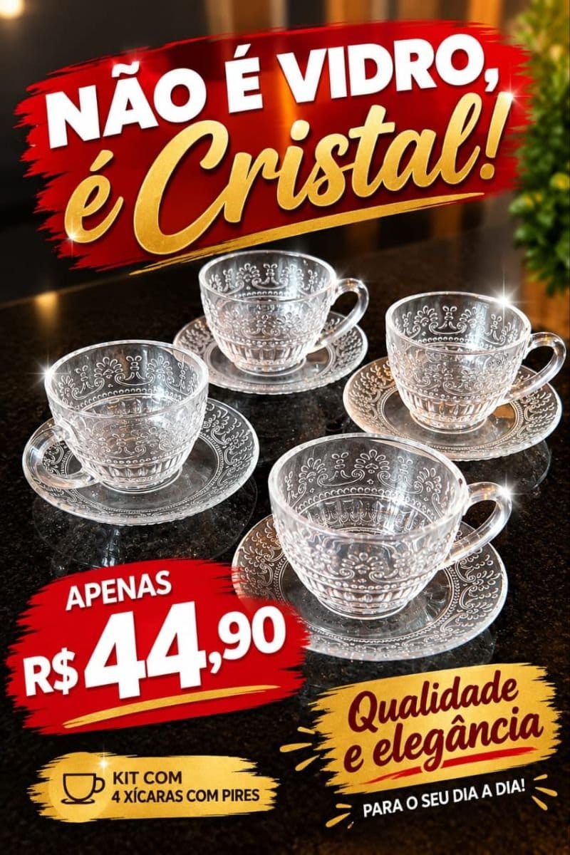 Conjunto 4 xícaras e pires cristal elegância - Foto 1