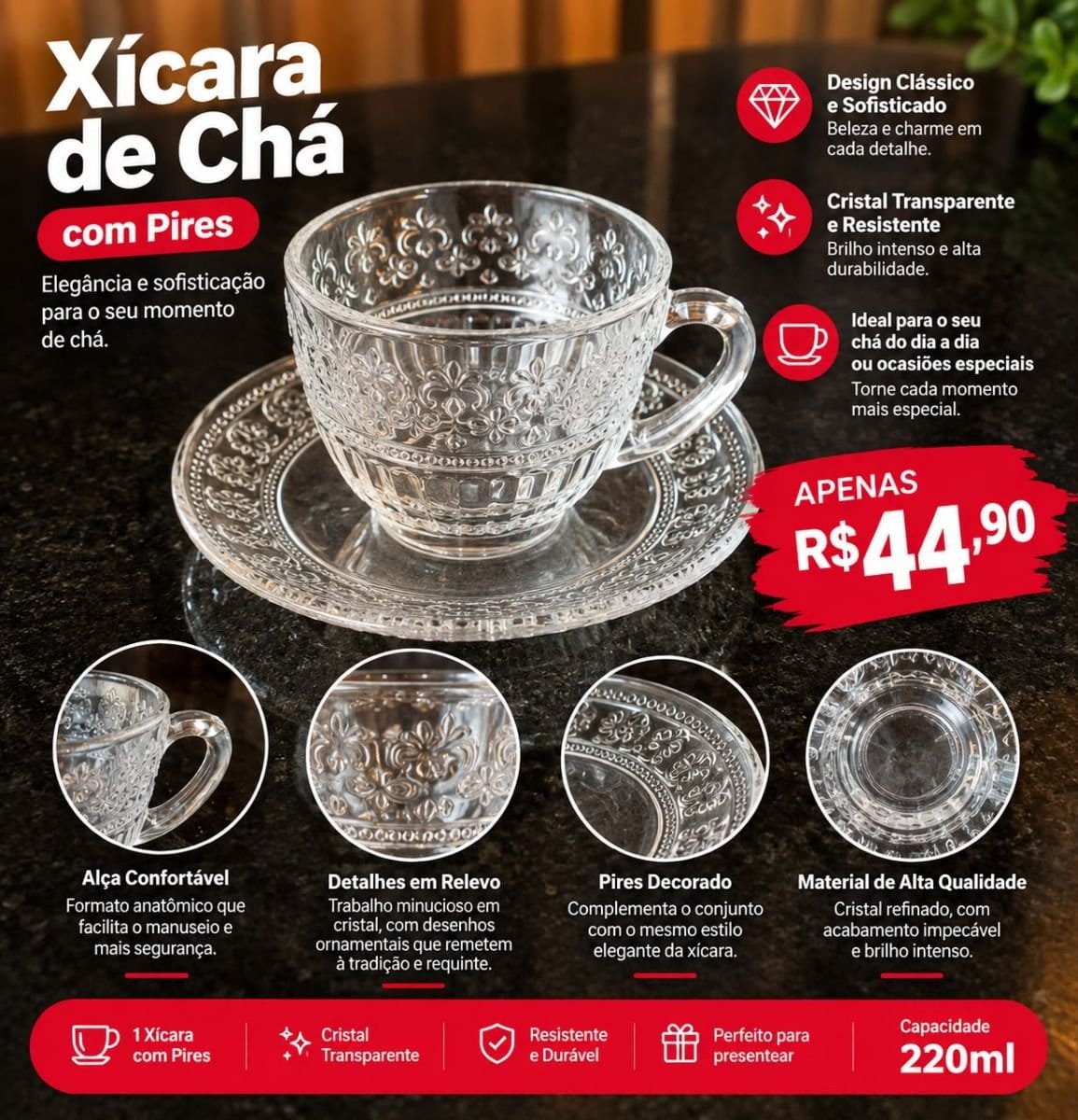 Conjunto 4 xícaras e pires cristal elegância - Foto 5