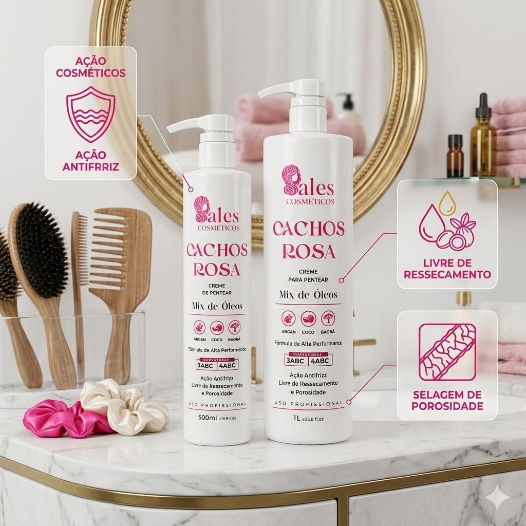 Creme de Pentear Cachos Rosa Sales Cosméticos 500ml | Mix de Óleos Argan, Coco e Baoba Profissional - Foto 3