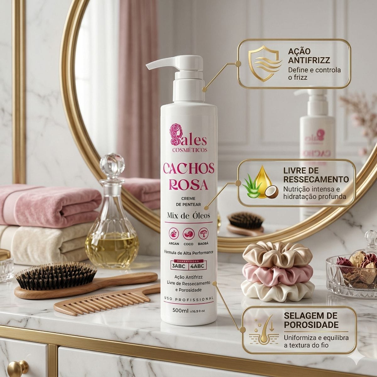 Creme de Pentear Cachos Rosa Sales Cosméticos 500ml | Mix de Óleos Argan, Coco e Baoba Profissional - Foto 4