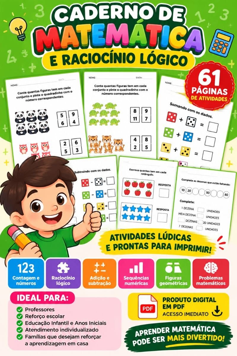 🧠📚 CADERNO DE MATEMÁTICA E RACIOCÍNIO LÓGICO - PARA CRIANÇAS