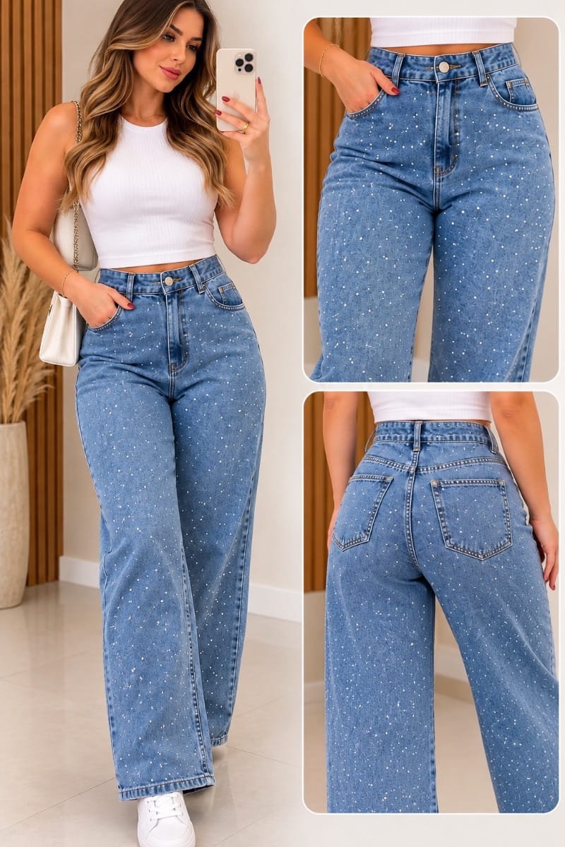 Calça Wide Leg Jeans Com Bilho - Foto 1
