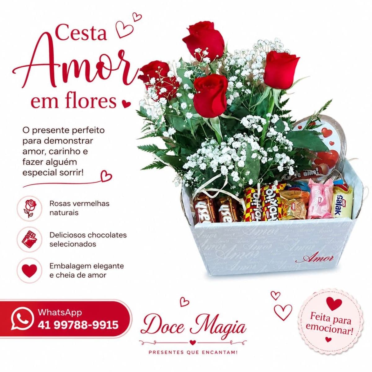 Cestas com flores e chocolates