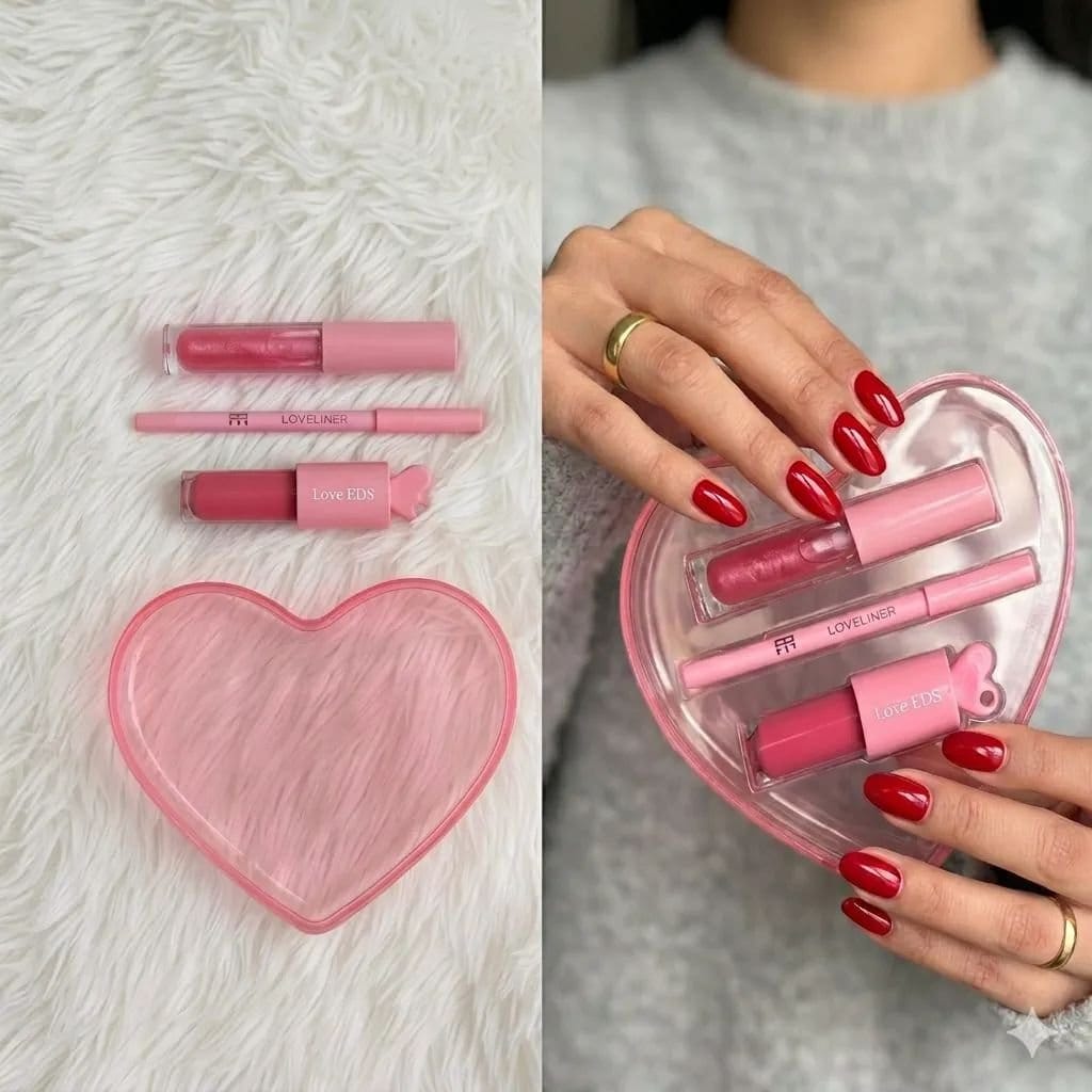Kit Love Caixinha Coração Com Gloss Boca E Lápis Labial Rosa - Foto 2