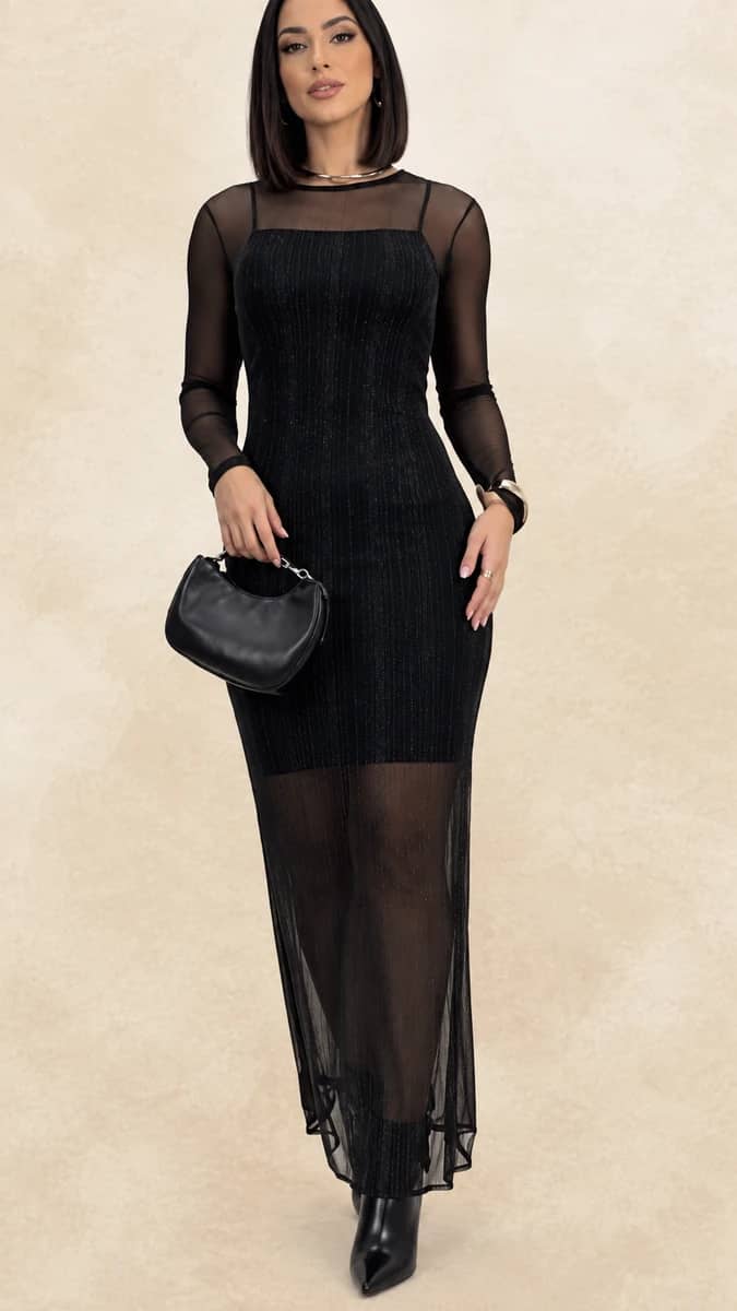 Vestido Feminino de Tule Manga Longa