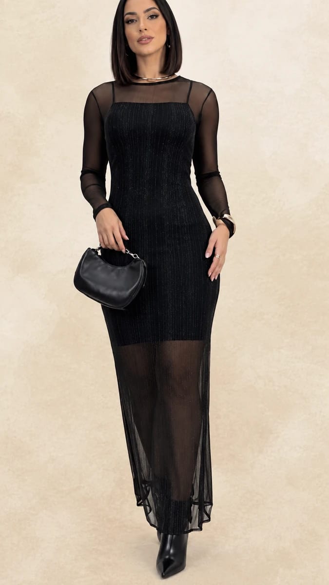 Vestido Feminino de Tule Manga Longa - Foto 1