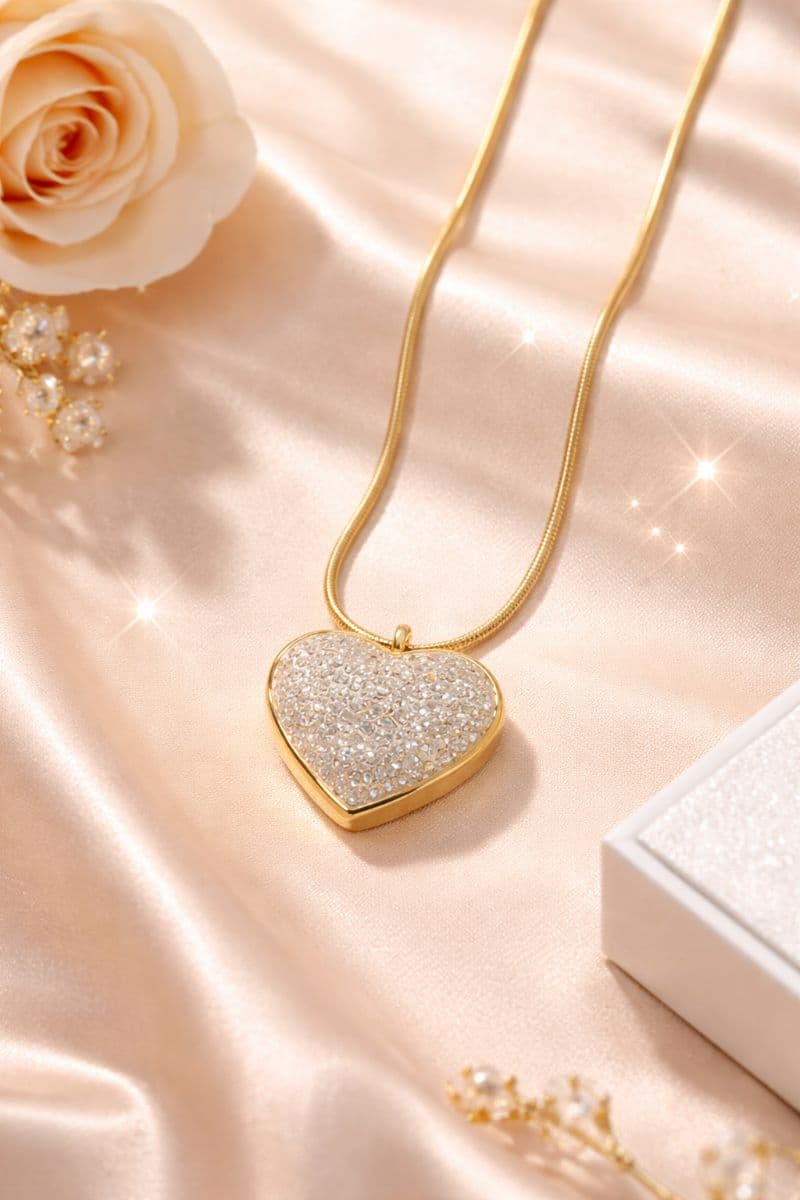 Colar Dourado, Coração Cravejado 45 cm