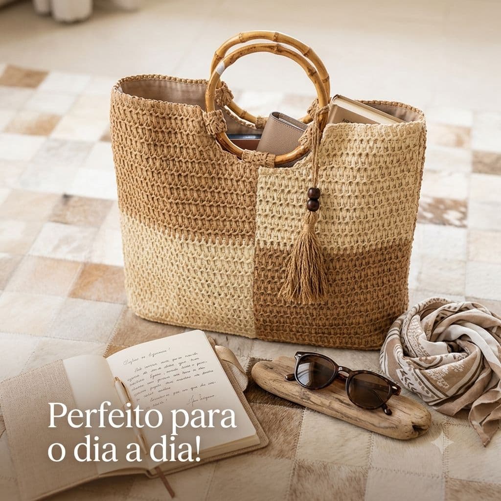 Bolsa artesanal palha alça de bambun