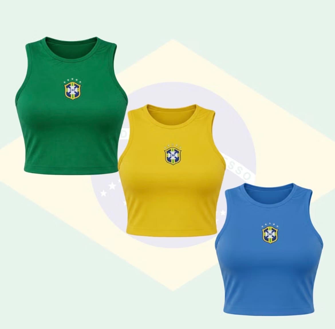 Croppeds feminino brasil cores do brazil blusa seleção brasileira suplex premium cavado sem manga blusinha verão