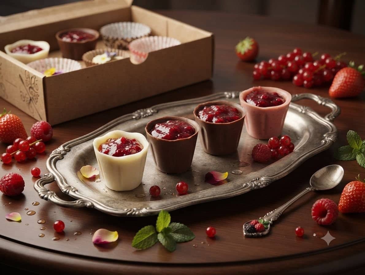 Copinhos de chocolate, com leite ninho, geleia de morango