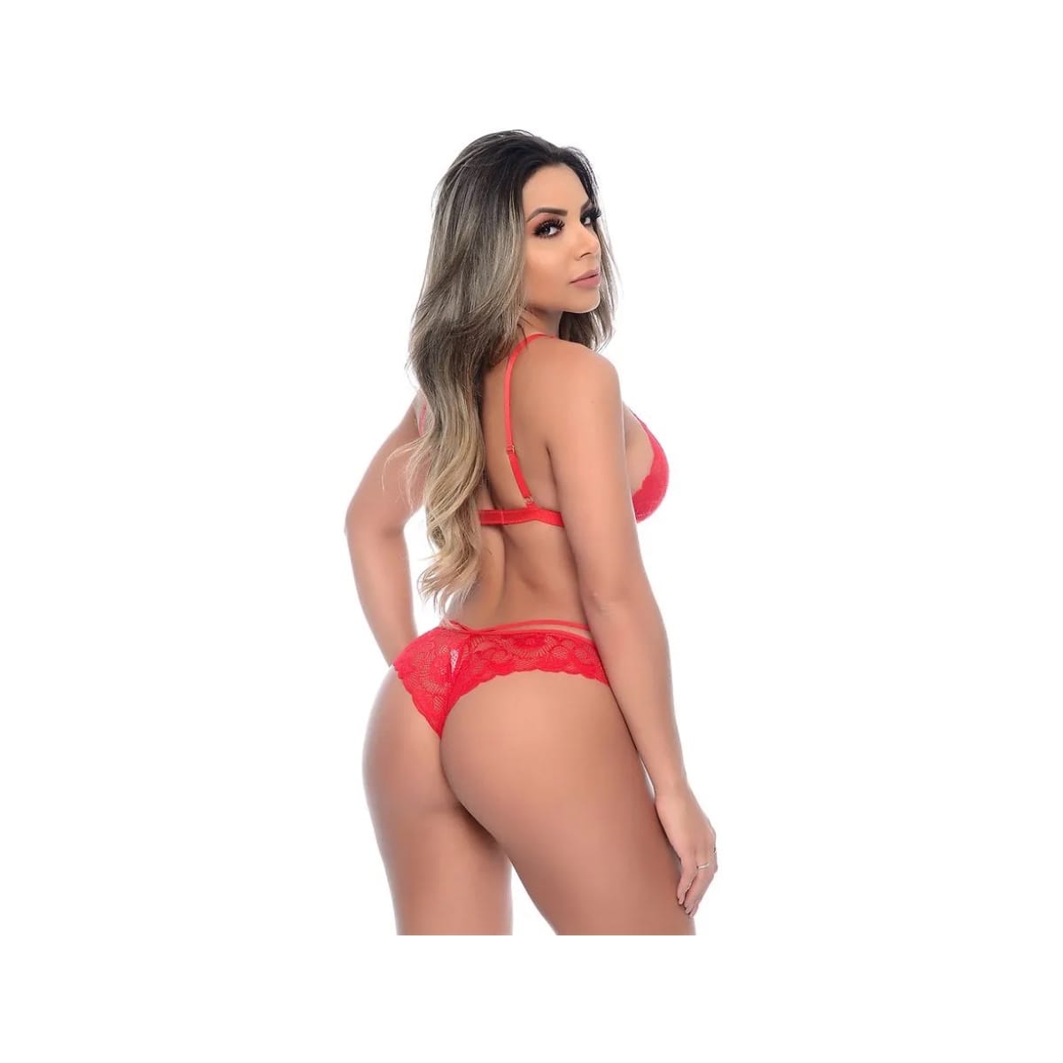 CONJUNTO STRAPPY DELICADO EM RENDA Vermelho TAM P - Foto 2