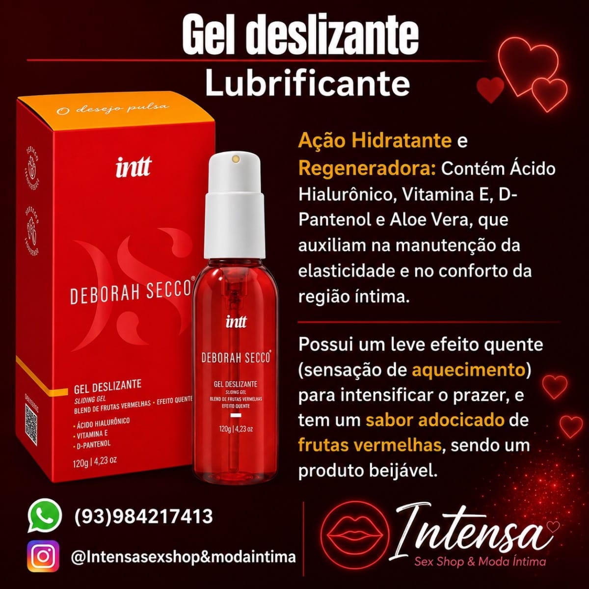 GEL LUBRIFICANTE BEIJÁVEL COM ÁCIDO HIALURÔNICO E D-PANTENOL 120G LINHA DEBORAH SECCO INTT - Foto 3