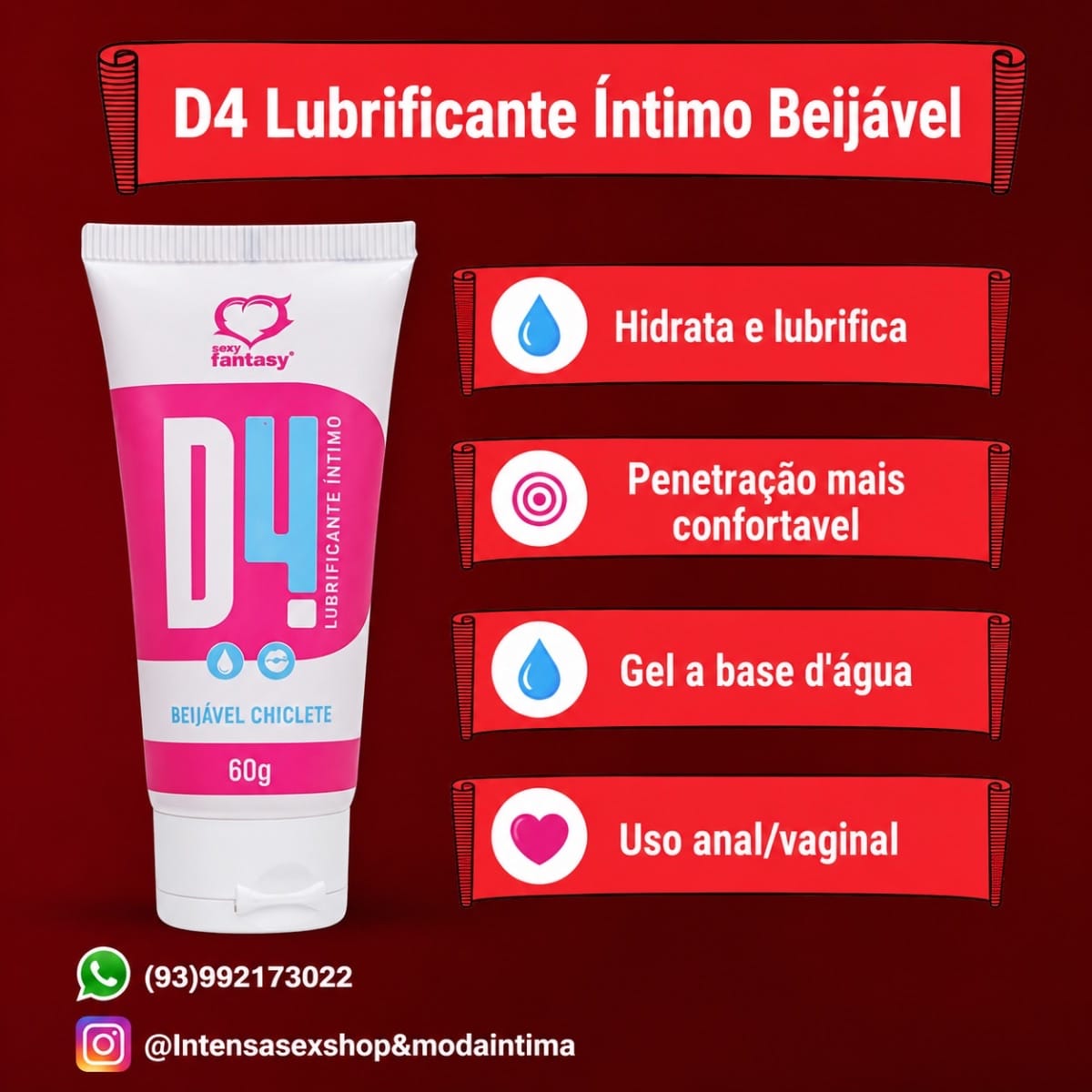 D4 LUBRIFICANTE ÍNTIMO BEIJÁVEL 60G SEXY FANTASY - Foto 2
