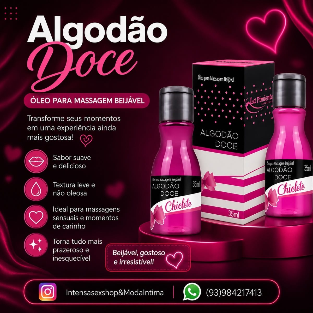 ALGODÃO DOCE ÓLEO PARA MASSAGEM BEIJÁVEL DE CHICLETE HOT 35ML LA PIMIENTA - Foto 3