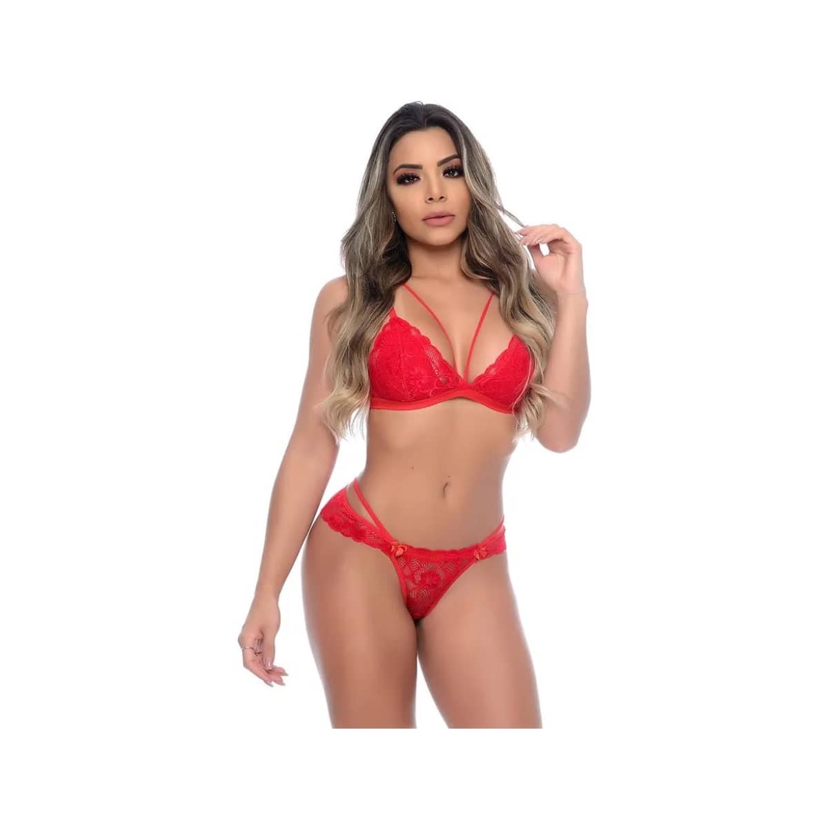 CONJUNTO STRAPPY DELICADO EM RENDA Vermelho TAM P