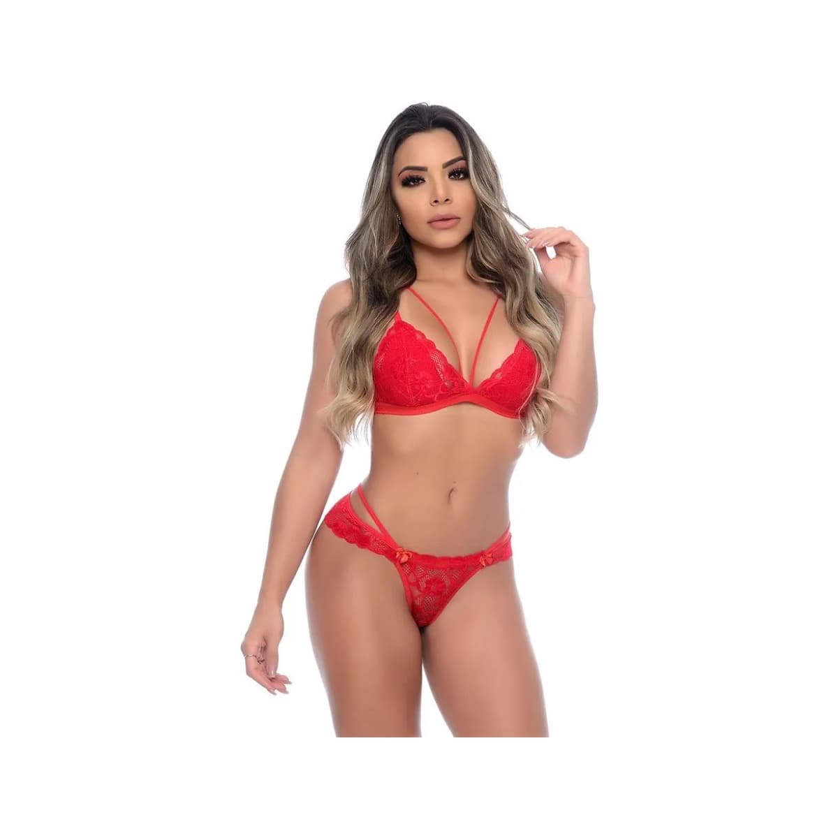 CONJUNTO STRAPPY DELICADO EM RENDA Vermelho TAM P