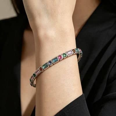Bracelete feminino aço inox com pedra de zircônia coloridas