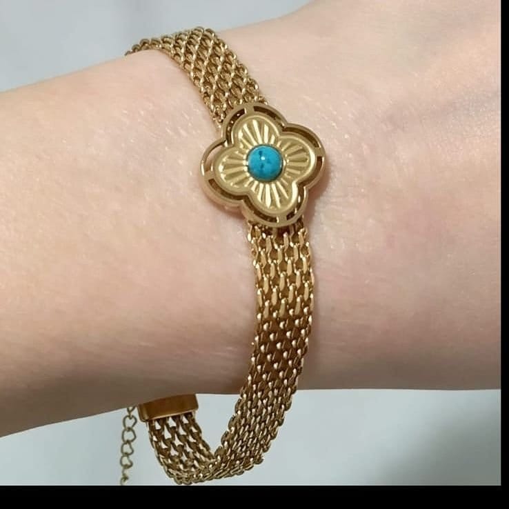 Pulseira aço inox dourado banhado ouro 18k com pedra azul turquesa 19cm+5cm - Foto 5