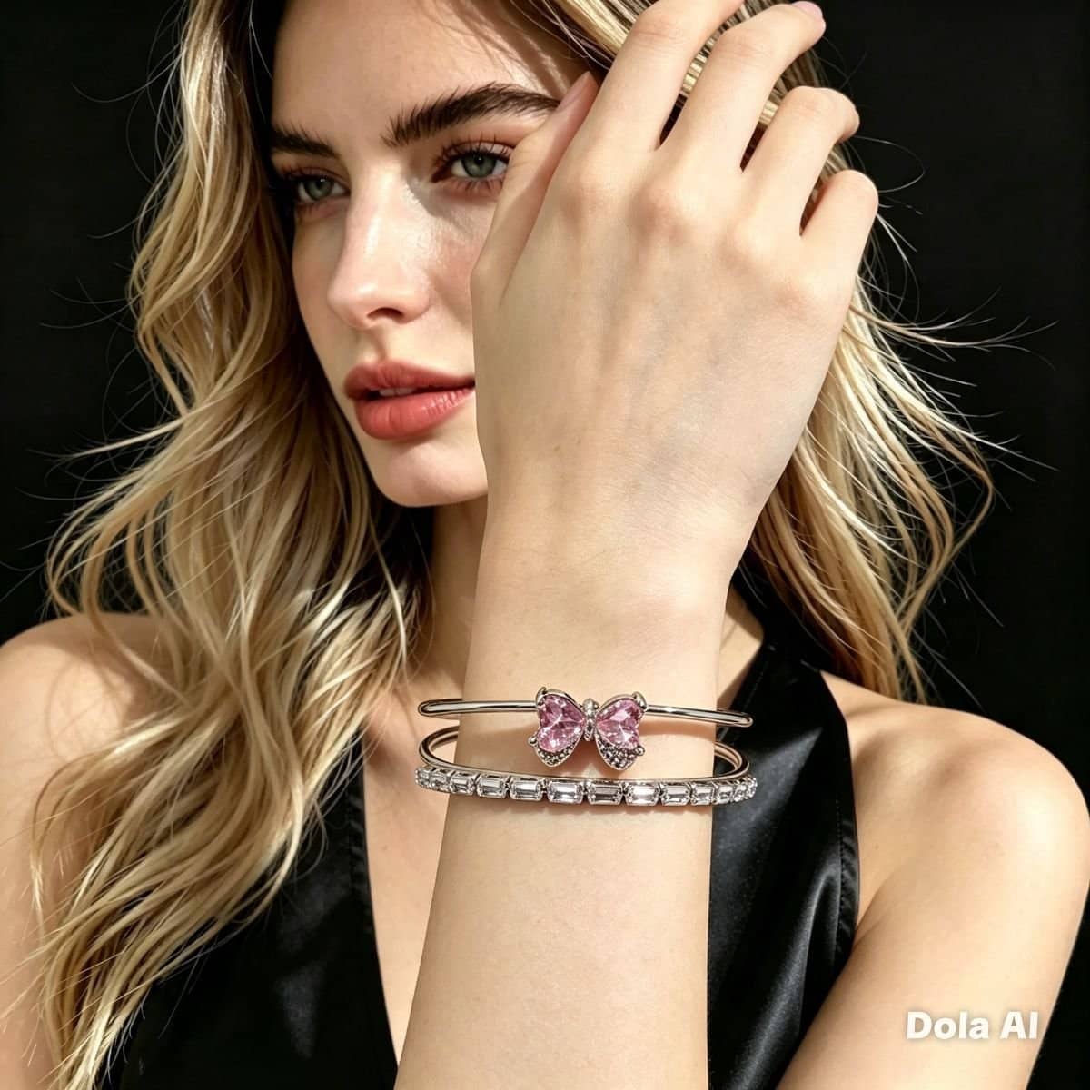 Bracelete aço inox pingente de laço rosa e pedras de zircônias