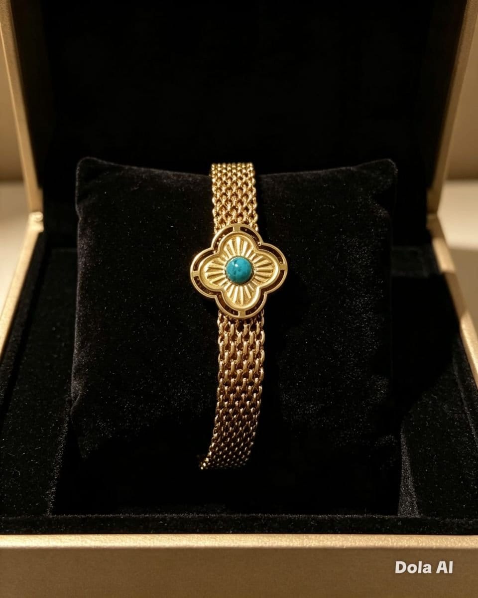 Pulseira aço inox dourado banhado ouro 18k com pedra azul turquesa 19cm+5cm - Foto 2