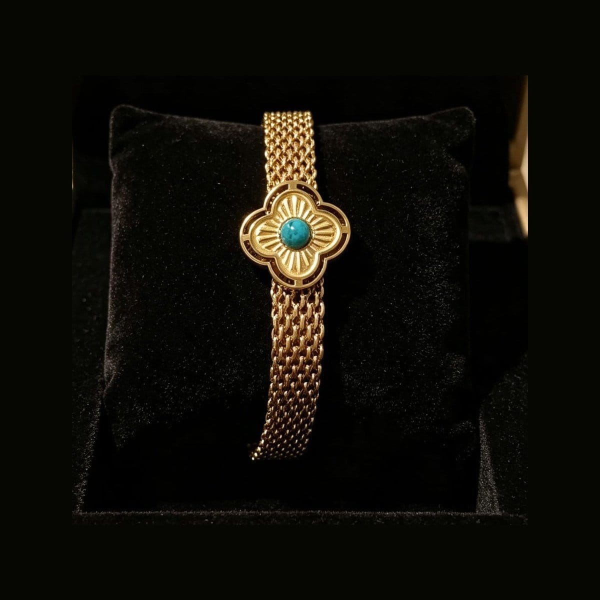 Pulseira aço inox dourado banhado ouro 18k com pedra azul turquesa 19cm+5cm - Foto 3